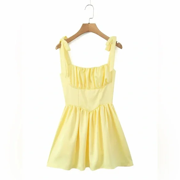 NWT Romantic Yellow Satin Tie-Strap Mini Dress with Corset Back Size S-L - Picture 5 of 7
